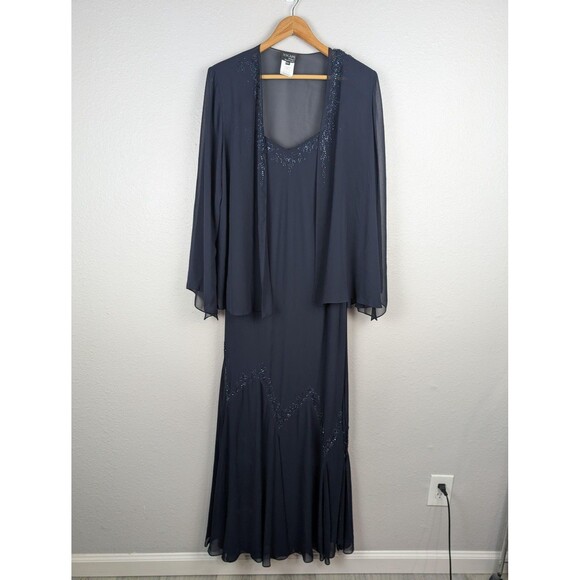 Xscape Woman Dress Womens 18W Navy Blue Beaded Evening Formal Gown Jacket Set - Picture 1 of 9
